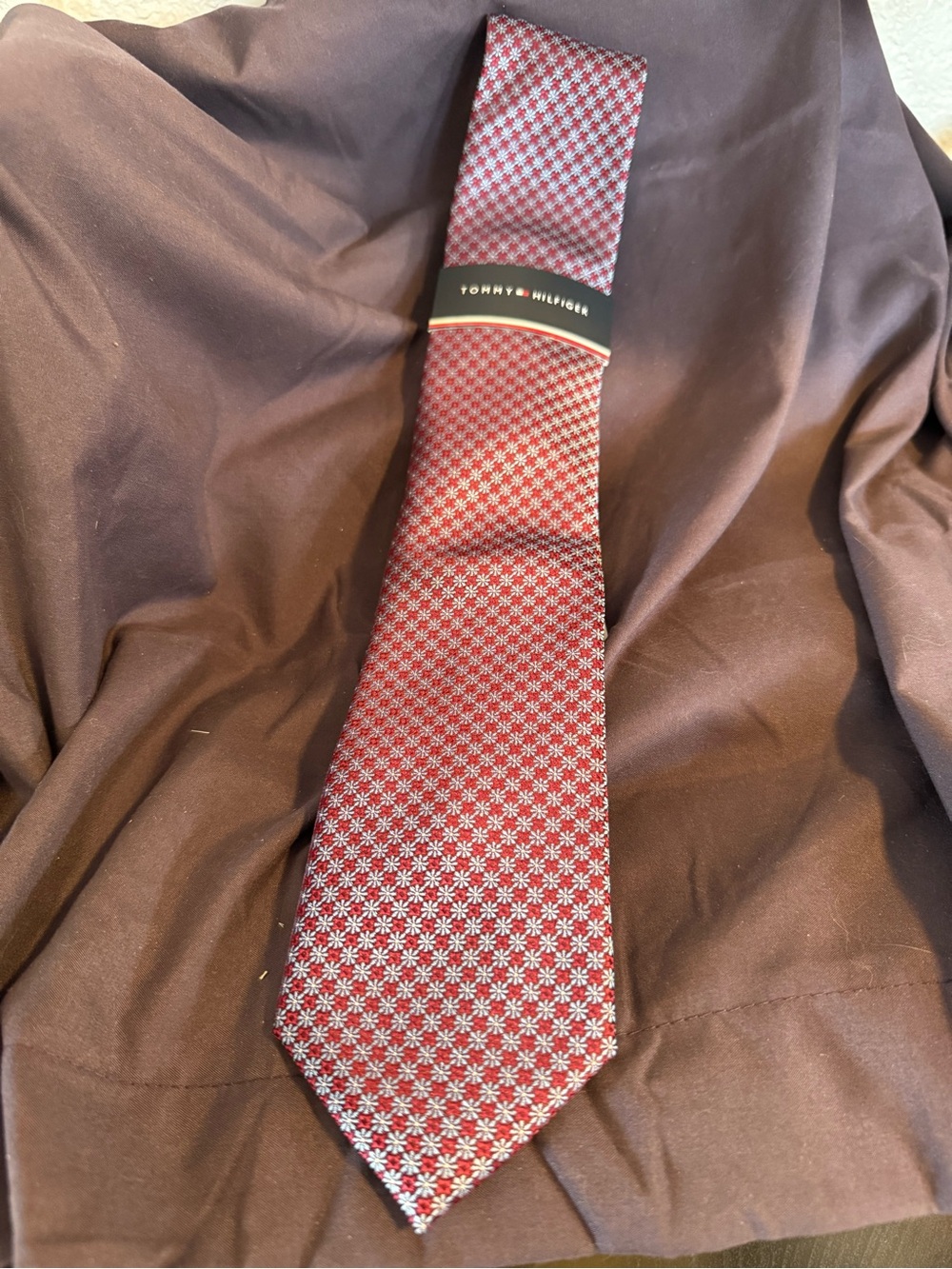 Tommy Hilfiger Burgundy and White Geometric Silk Tie